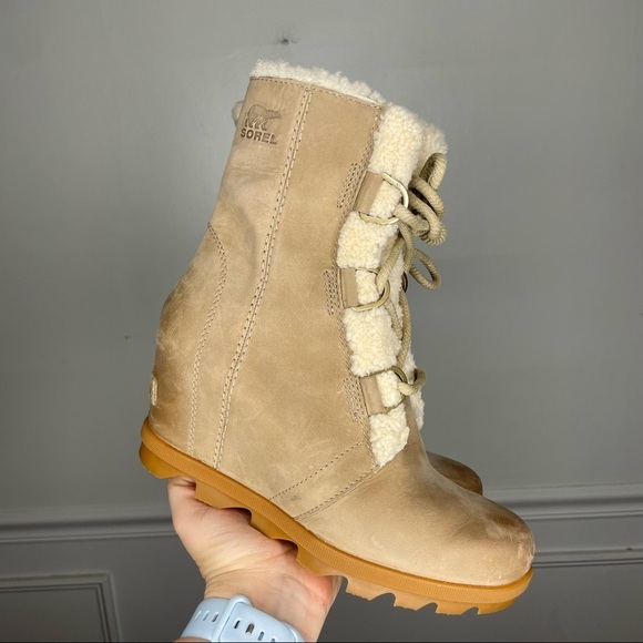 Sorel Joan of Arctic Wedge II Shearling Trim Sand Leather Boot - Picture 2 of 10